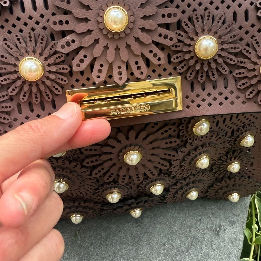 Stunning EUC chocolate Zac Posen Floral Embellished detailed Handbag